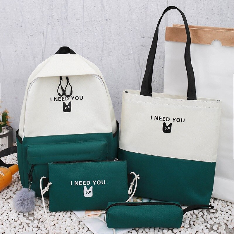 4 Pcs/set School Bags for Teenage Girls Anti Theft Travel Backpack Laptop Bagpack Rucksack Women College Student Backbag Mochila: Green