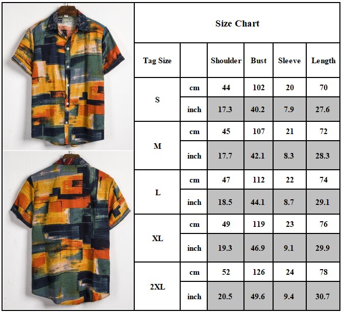 Summer Men's Shirts Linen Short Sleeve Turn-down Collar Vintage Print Beach Casual Shirts Streetwear Men Clothing