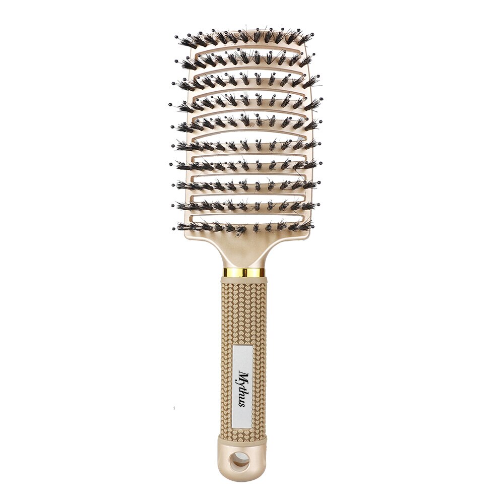 Mythus Pro Boar Bristle Hairbrush With Rubber Handle Nylon Teeth Antistatic Hair Curved Brush Detangle Curly Hairdressing Brush
