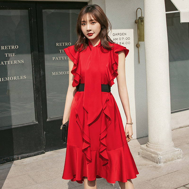 YIGELILA automne nouveautés robe rouge col rond sans manches de robe de fête de mariage genou-longueur à volants manches robe 65374