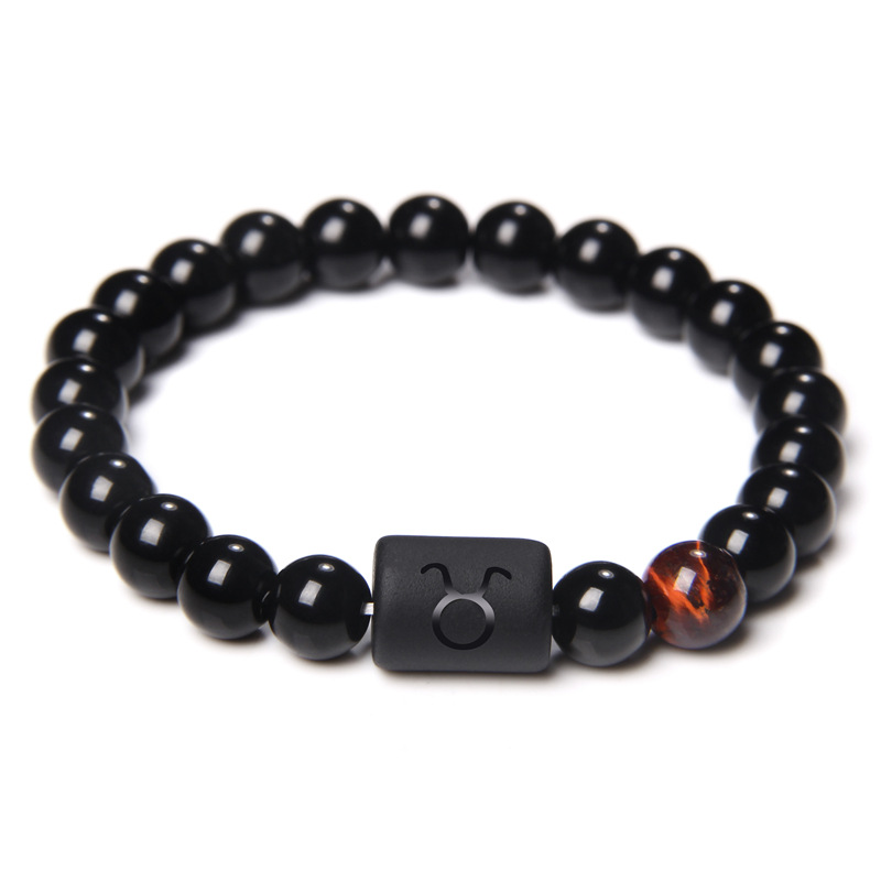12 Constellation Zodiac Signs Beads Couples Bracelet Natural Black Onyx Stone Elastic Charm Bracelet for Women Men Birthday: Gold-color