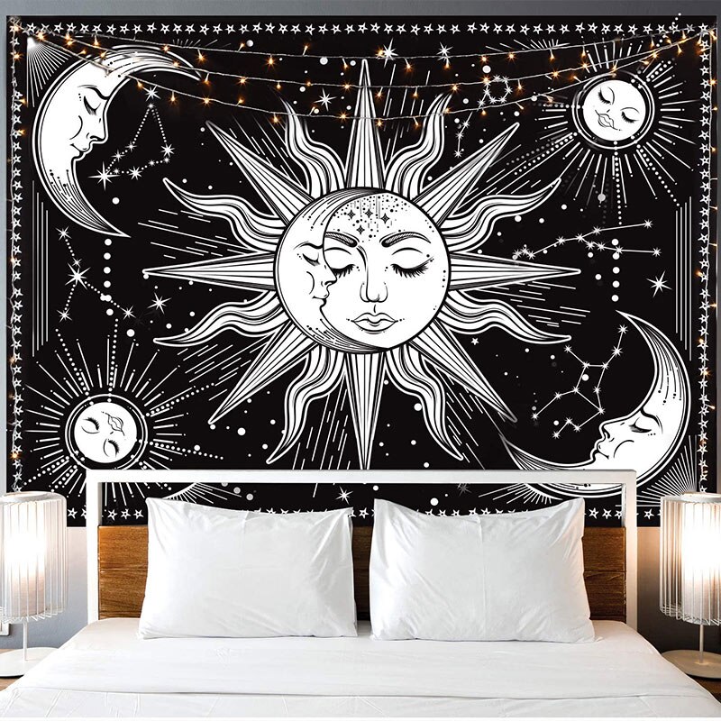 Sun Moon Face Black And White Tapestry Wall Hanging as Wall Art and Home Decoration for Bedroom Living Room Dorm Decor