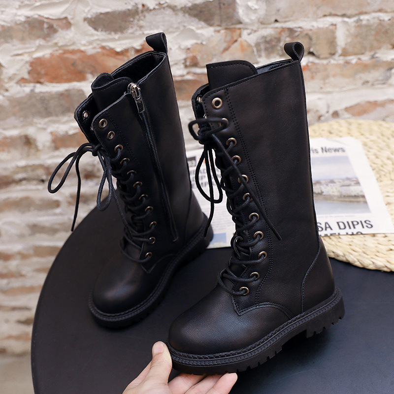 Black Girls Boots 2022 Autumn Children Leather Cross-Tied Platform Boots Side Zipper Rubber Boots For Student Kids