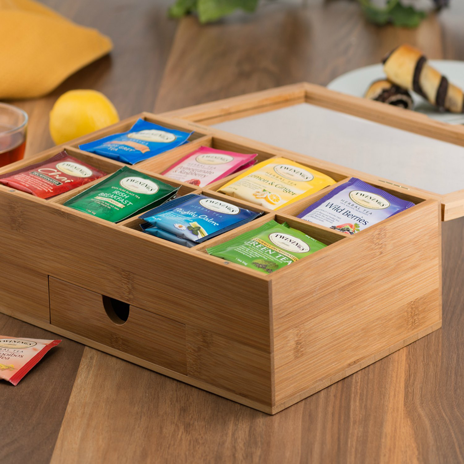 Tea Organizer Bamboo Tea Box with Small Drawer 100% Natural Bamboo Tea Chest - Great Idea