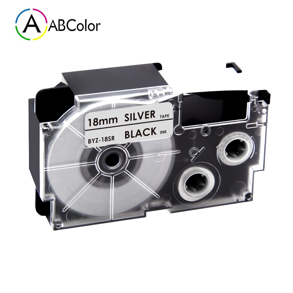 16 Colors XR-18X XR-18WE Labels For CASIO 18mm XR-18X XR-18YW Tape Label Cartridges For CASIO KL-130 KL-120 KL-430 Label Maker: Black on Silver