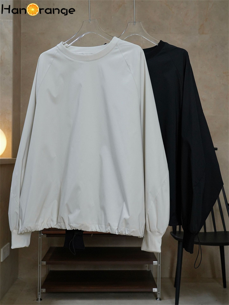 Hanorange forårs afslappet sports-sweatshirt med o-hals dame løs pasform komfortabel langærmet top sort/beige