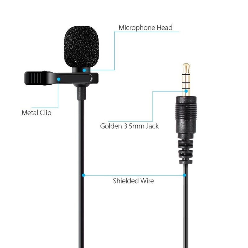 Lavalier Microphone Smart Clip-On Omnidirectional Condenser Lapel Mic Handsfree with 2M Cable for Interview Vocal Video