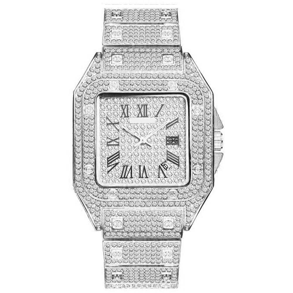Diamant par ur ur hip hop ur par guld rustfrit stål ur til mænd og kvinder quartz ur luksus is udenfor: Mand sølv