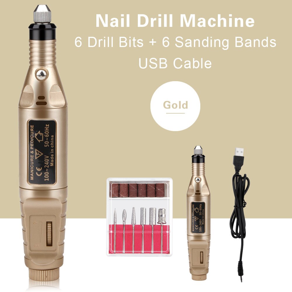 Electric Nail Drill Set Manicure Machine Pedicure Tool 6 Bits Sanding Buffer Apparatus Strong File Pen USB Charging: USB Gold