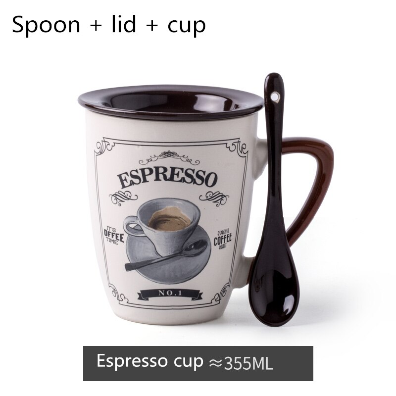 Pequeña taza de café de lujo de estilo europeo, creativa taza de agua de cerámica para hombres y mujeres, taza para el hogar, Taza de leche con tapa, cuchara: Espresso cup