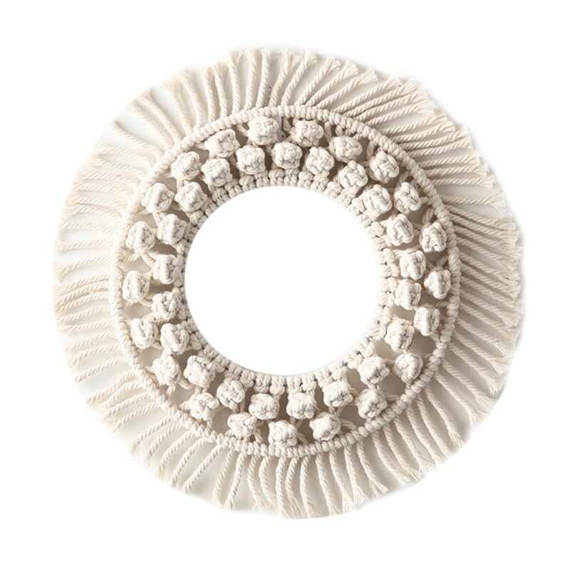 Marco de espejo de pared con borlas tejido a mano, tapiz de macramé bohemio, decoración colgante de pared redonda hueca para el hogar, decoración de habitación de niños
