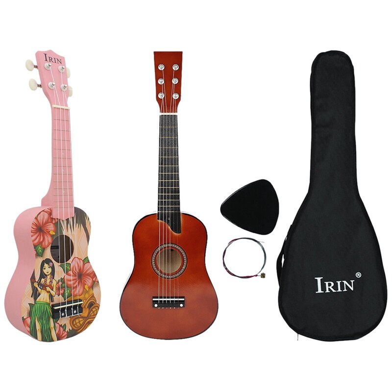 Irin 1 Set 25 Inch Basswood Akoestische 12 Frets 6 Snaren Gitaar & 1 Pcs Ukelele Sopraan 21 Inch Ukulele kleine Gitaar: Default Title