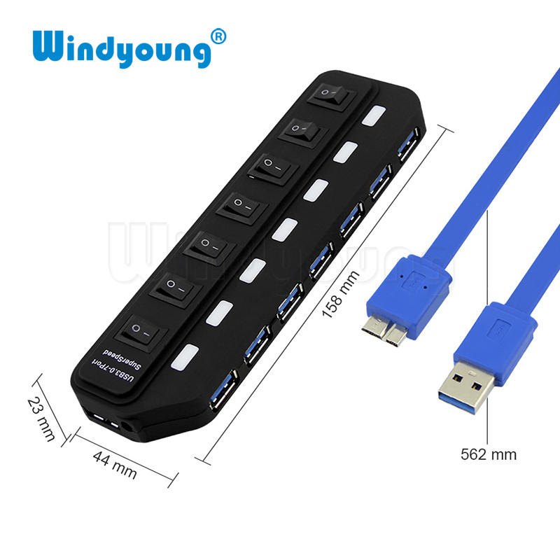 Windyoung USB3.0 HUB 7 Port with Power Charging and Switch Multiple USB Power Adapter LED ON/OFF Switch Splitter for PC Laptop