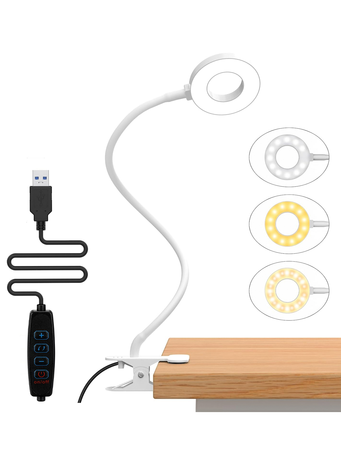 Flexível Gooseneck LED Desk Lamp, Luz de leitura com braçadeira, Luz livro para crianças, 3 modos de cores, 10 brilho: Branco