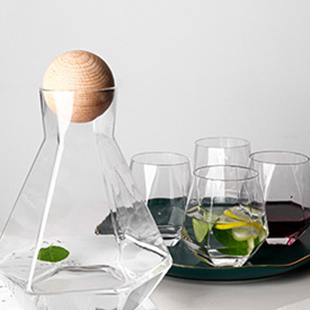 5 Stks/set Kleurrijke Water Potten Glazen Karaf Set Houten Deksel Karaf Pitcher Wijn Whisky Bier Sap Set Drinkwater Waterkokers: Transparent  5pcs