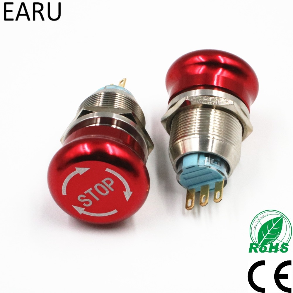 19mm 22mm Pattern Waterproof Stainless Steel Waterproof Metal Latching Emergency STOP Push Button Switch Stop Button Switch Red