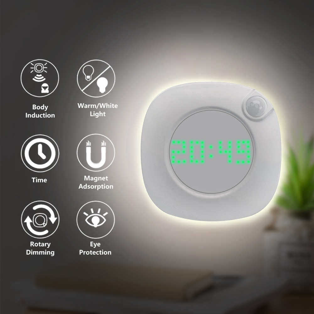 LED PIR Motion Sensor Nacht Licht met Tijd Klok voor Thuis Slaapkamer Trappen Wandlamp Helderheid Batterij Power 2 Verlichting kleur