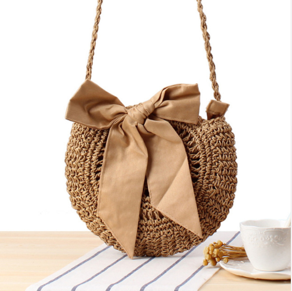 Women Bag Handmader Rattan Straw Bag For Woven Round Handbag Lovely Crossbody Summer Travel Beach Bag: Coffee