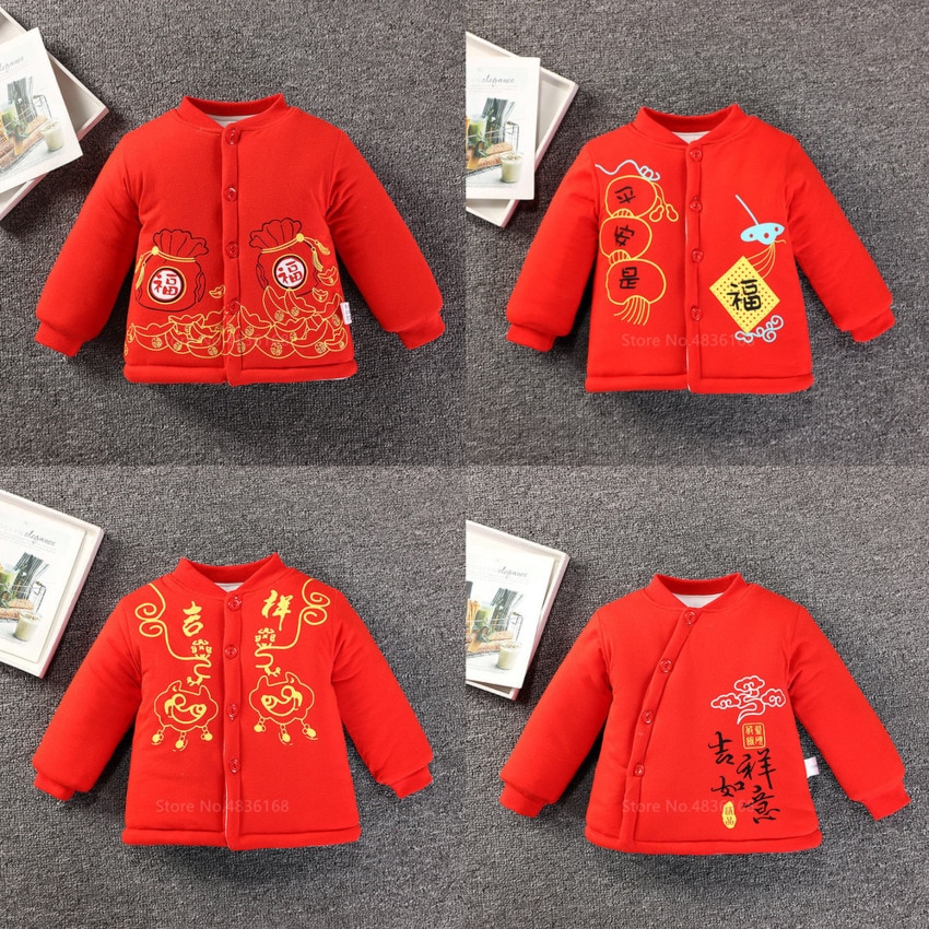 Kinesisk topp röd bomull tjock tang kostym spädbarn vinter traditionella kinesiska kläder för baby flickor pojke år kläder fest