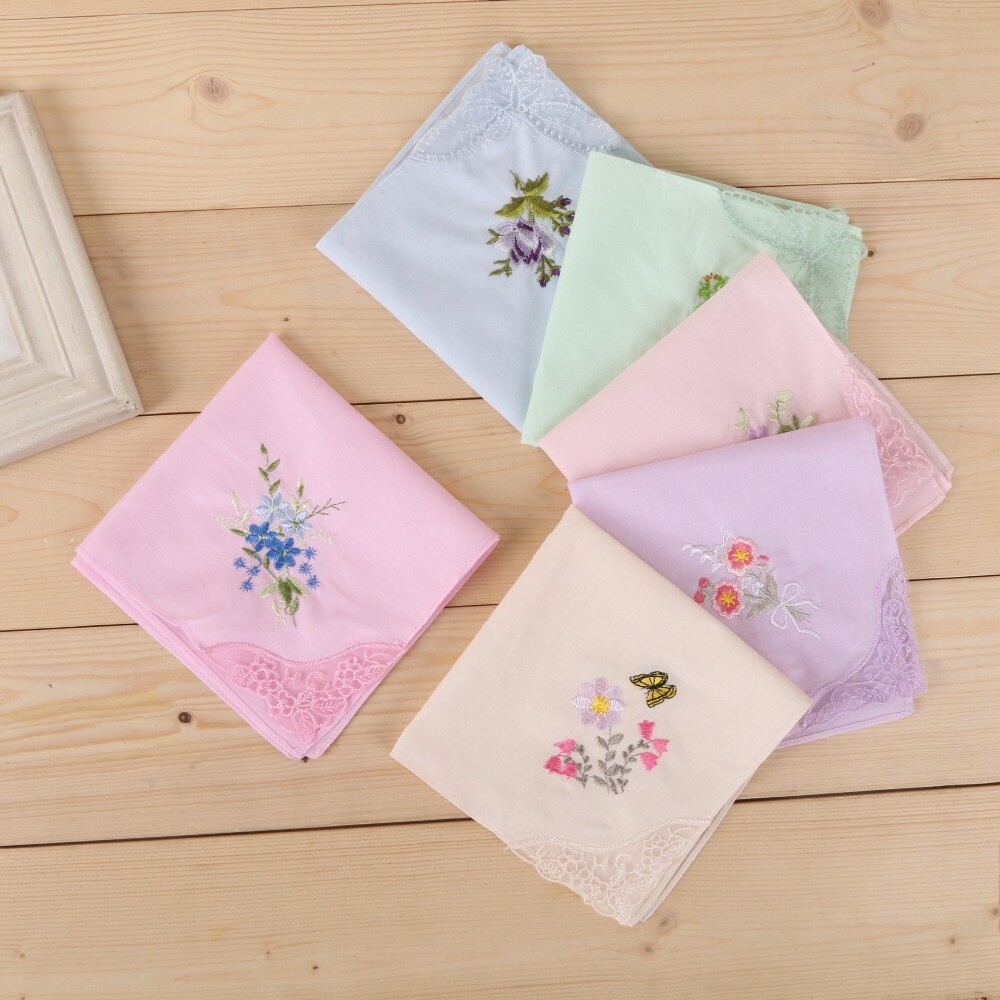 6 uds 28cm algodón bordado toalla cuadrada pañuelo bordado con encaje Color encaje sencillo pañuelo, servilleta paño