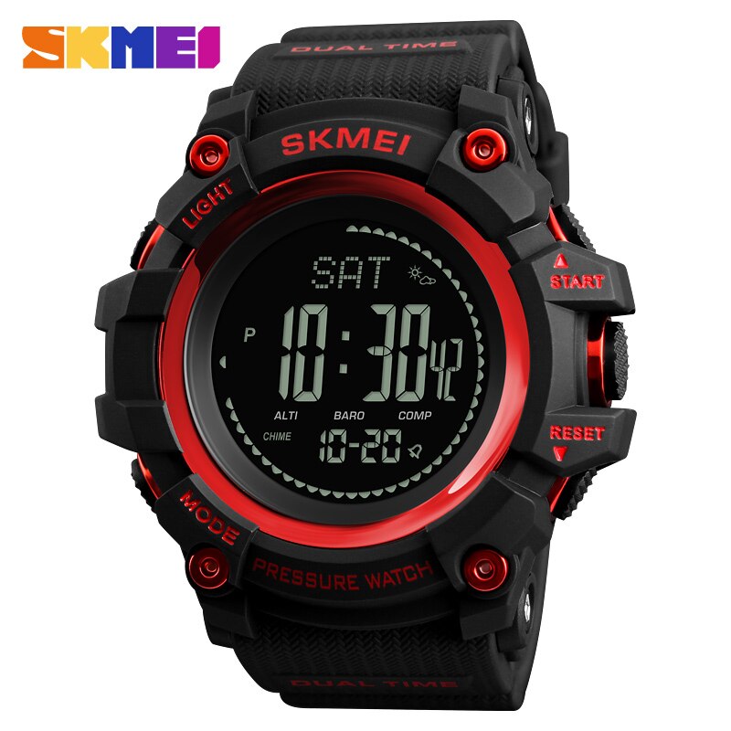 SKMEI Herren Sport Uhren Stunden Schrittzähler Kalorien Digitale Uhr Höhenmesser Barometer Kompass Thermometer nasser Männer Uhr: rot