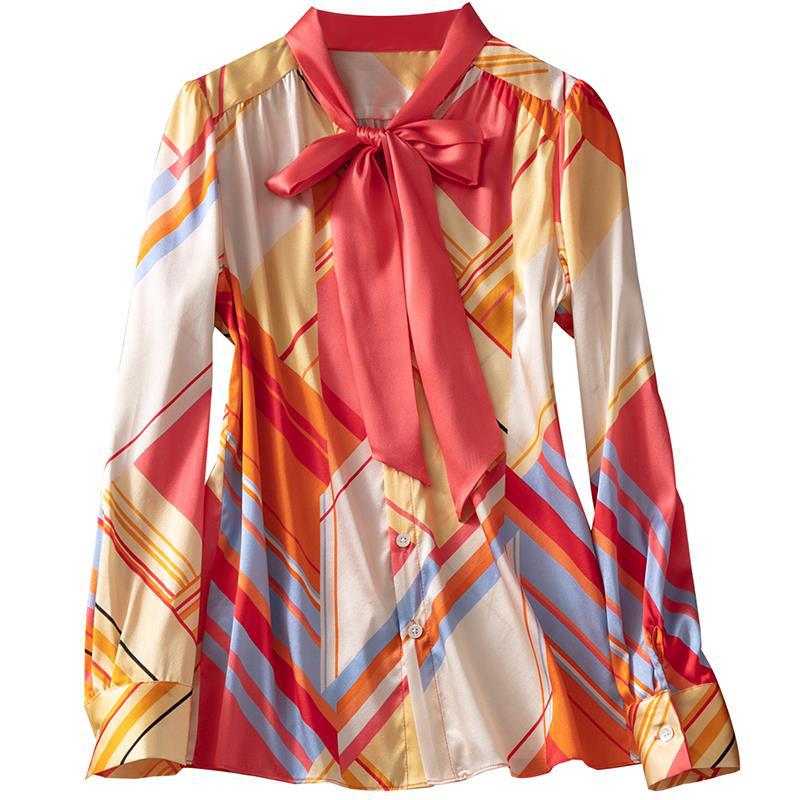 Fanieces elegante Fliege Satin- Frauen Hemden Luxus bunten Druck Frühling Herbst Langarm Blusen Spitzen Büro Damen Blusas: XL