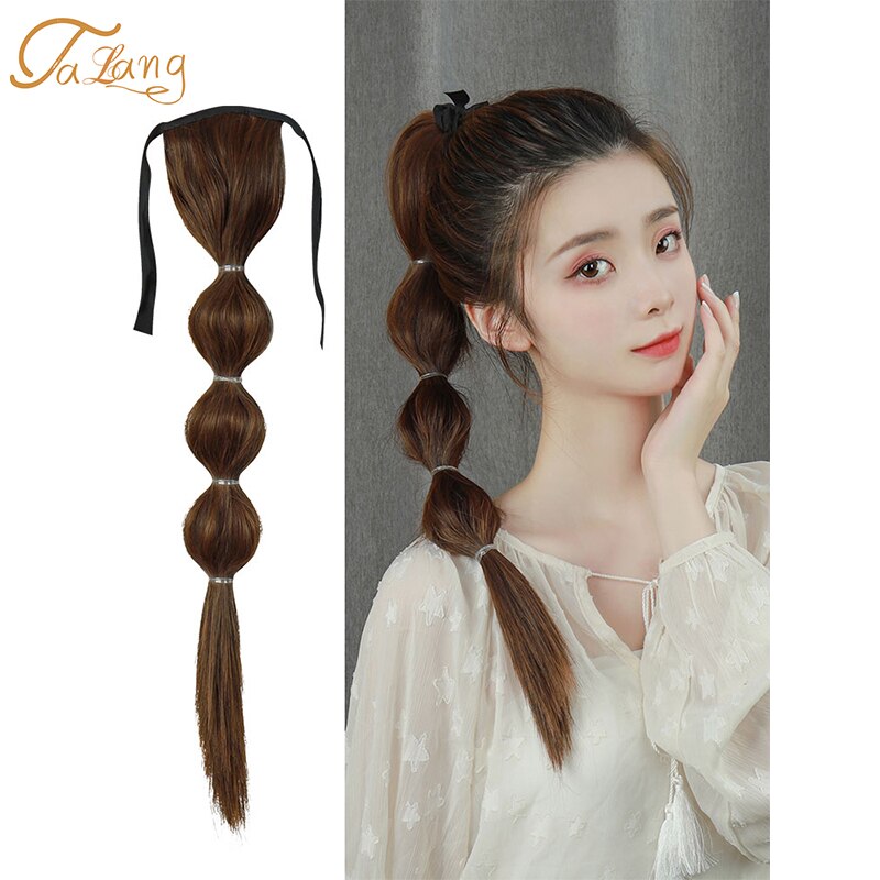 Talang Lange Rechte Bubble Paardenstaart Pruik Clip In Op Silky Synthetische Knot Extensions Staart Valse Haar