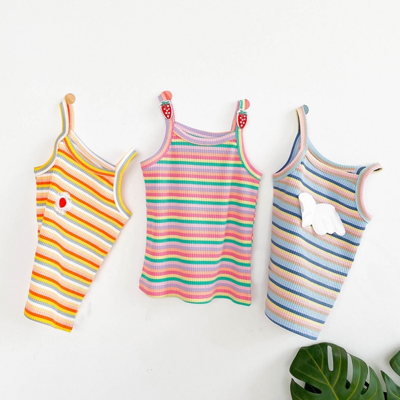 Bomull flickor t-shirt sommar regnbåge randig väst barn camisoles tecknade flickor toppar barn väst med änglavingar baby undershir