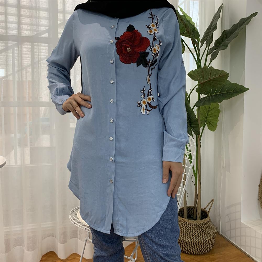 Casual Long Sleeve Tops Muslim Women Soft Denim Shirt Longline Denim Shirts Ladies Blue Jean Blouses With Floral Belt