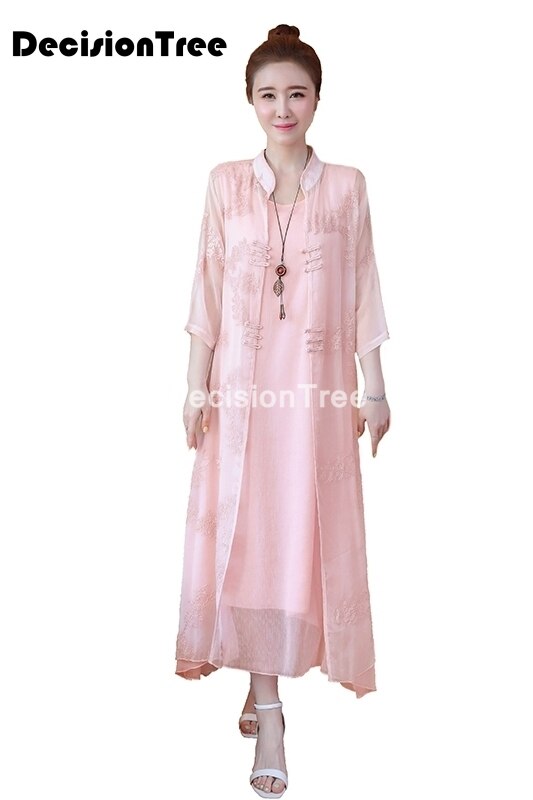 chinese dress qipao suit cotton linen cheongsam Two Piece Midi Dresses Vestidos Casual embroidery cardigan + dress robe