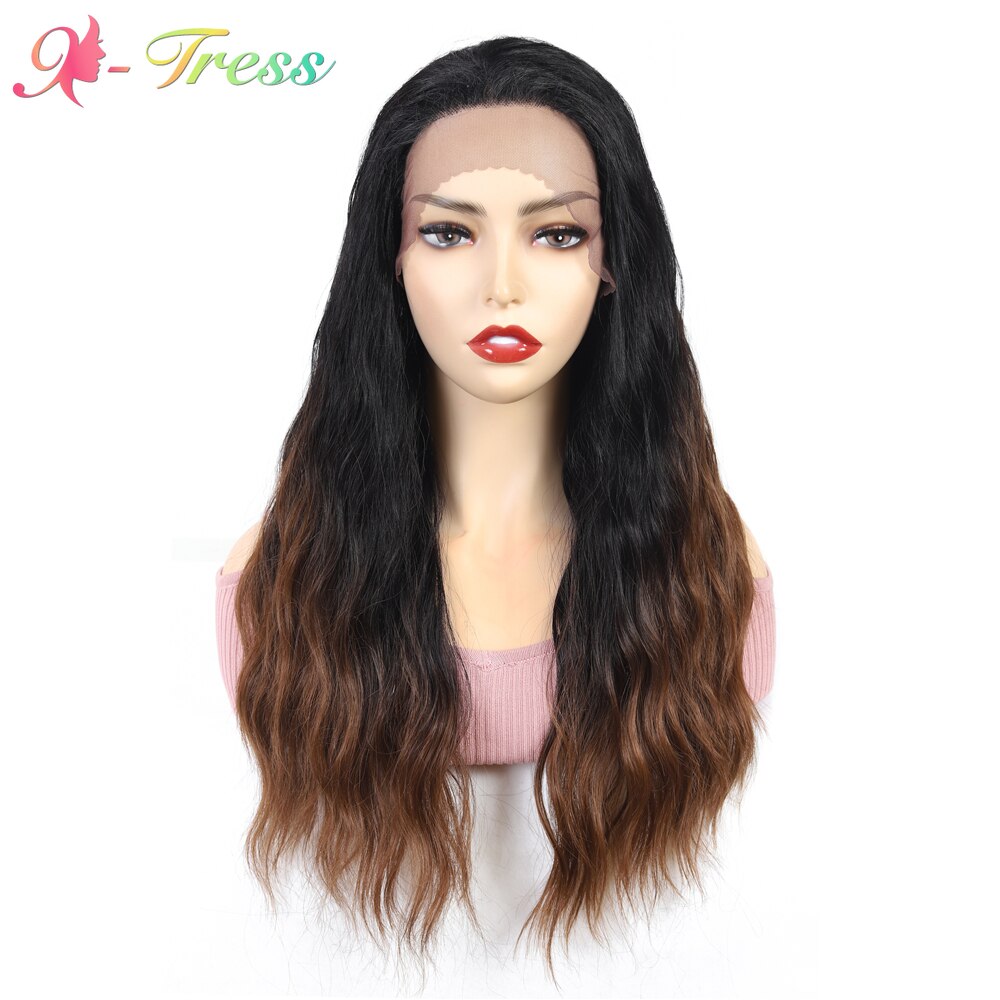 22'' X-TRESS Natural Wave Glueless Lace Front Wigs Dark Roots Ombre Brown Heat Resistant Synthetic Wig For Black Women Daily Use