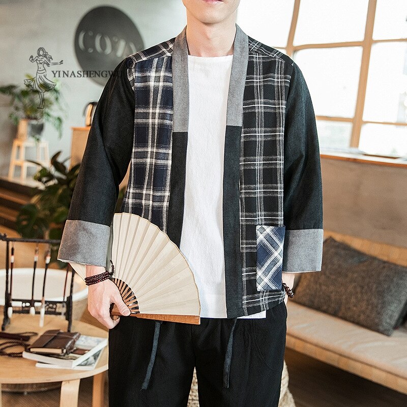 Kimono japonais imprimé Yukata pour homme, haut, manteau, chemises à manches, veste en lin, samouraï japonais Haori, Cardigan, Costume,