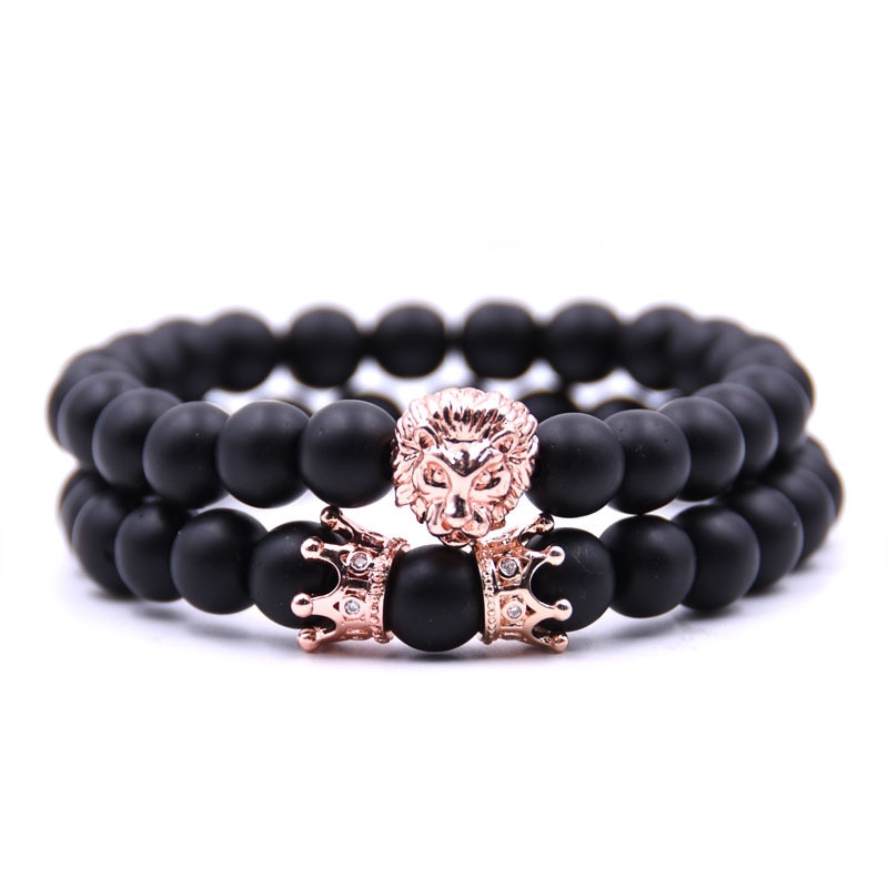 Bracelet homme tête de Lion avec couronne Bracelets 8mm pierre naturelle perles bracelet pavé CZ couronnes hommes femmes bijoux pulseira