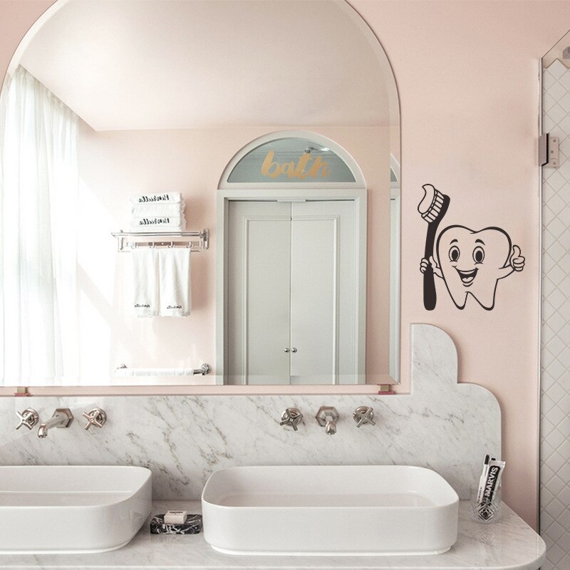 Cartoon cute teeth brush stick bathroom glass home DIY wall background decorative PVC wall stickers self adhesive room decor`