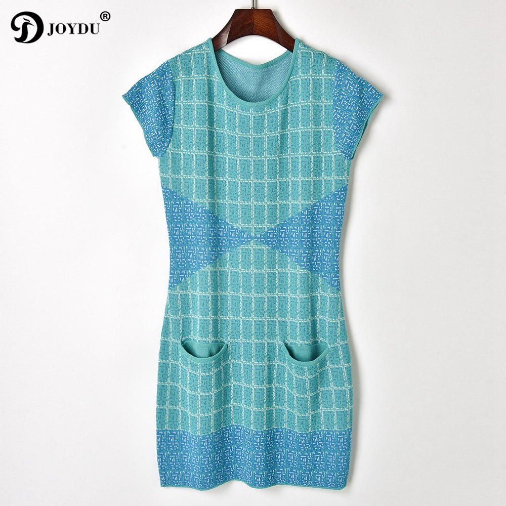 JOYDU Blue Plaid Party Dress Female Short Sleeve Pockets Knitted Runway Summer Dress Beach Dresses for Women