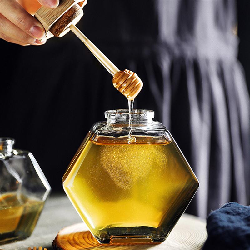 2 uds 380 Mini vaso de ML tarro de miel Hexagonal botella de miel recipiente Pot con palito de madera para miel cuchara para miel botella de embalaje