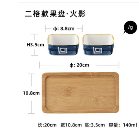 Plato divisor de cerámica para el hogar, bandeja de madera, plato de aperitivos de estilo japonés, con rejilla dividida, plato de fruta seca: D-2PCS