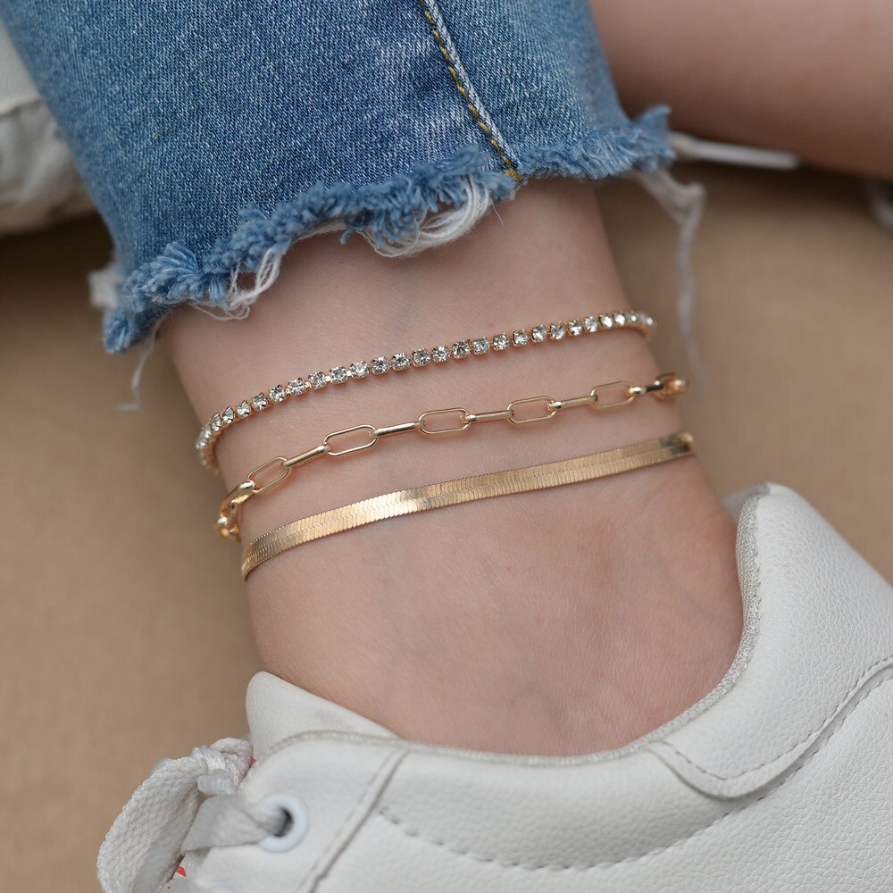 Modyle Bohemian Crystal Anklets for Women Boho Gold Heart Star Anklet Multilayer Foot Bracelet on Leg Beach Anklet Jewelry: J50090