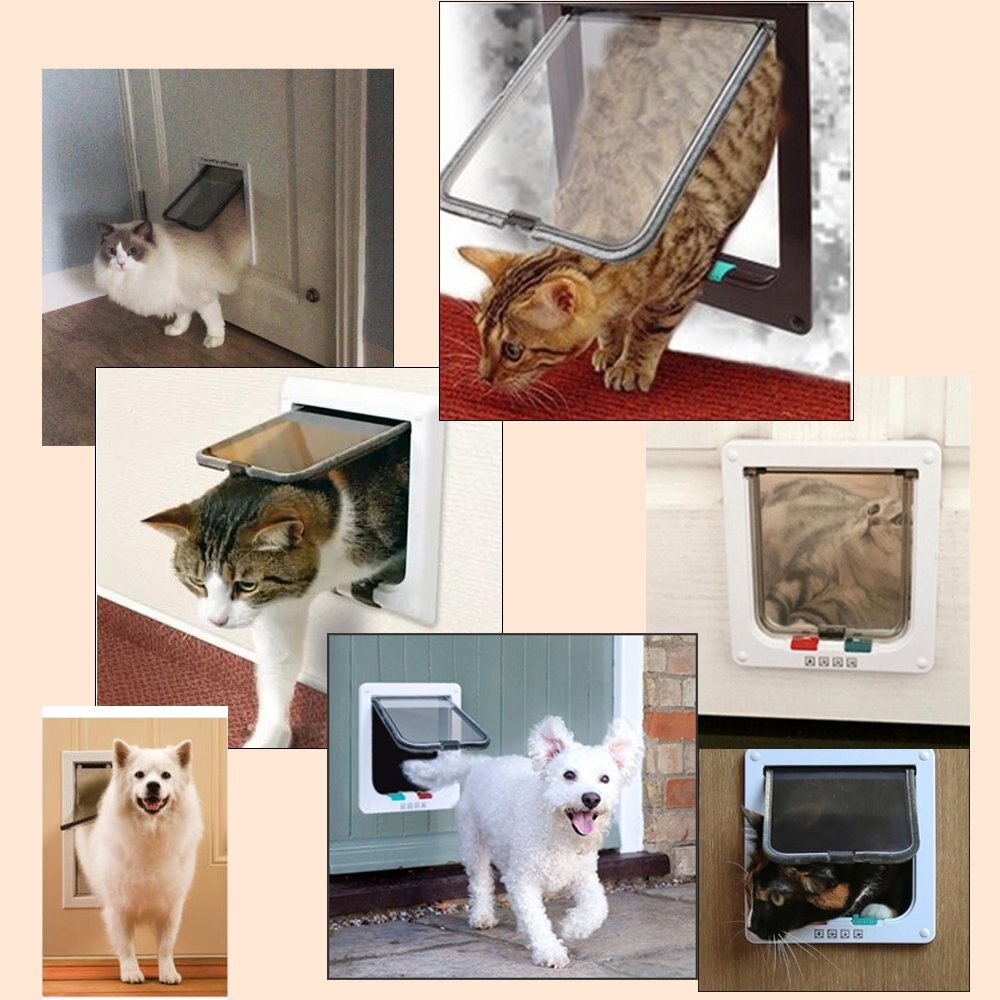 Cat Flap Door with 4 Way Security Lock Dog Flap Door for Dog Cats Kitten ABS Plastic Small Pet Gate Door Kit Cat Dogs Flap Doors