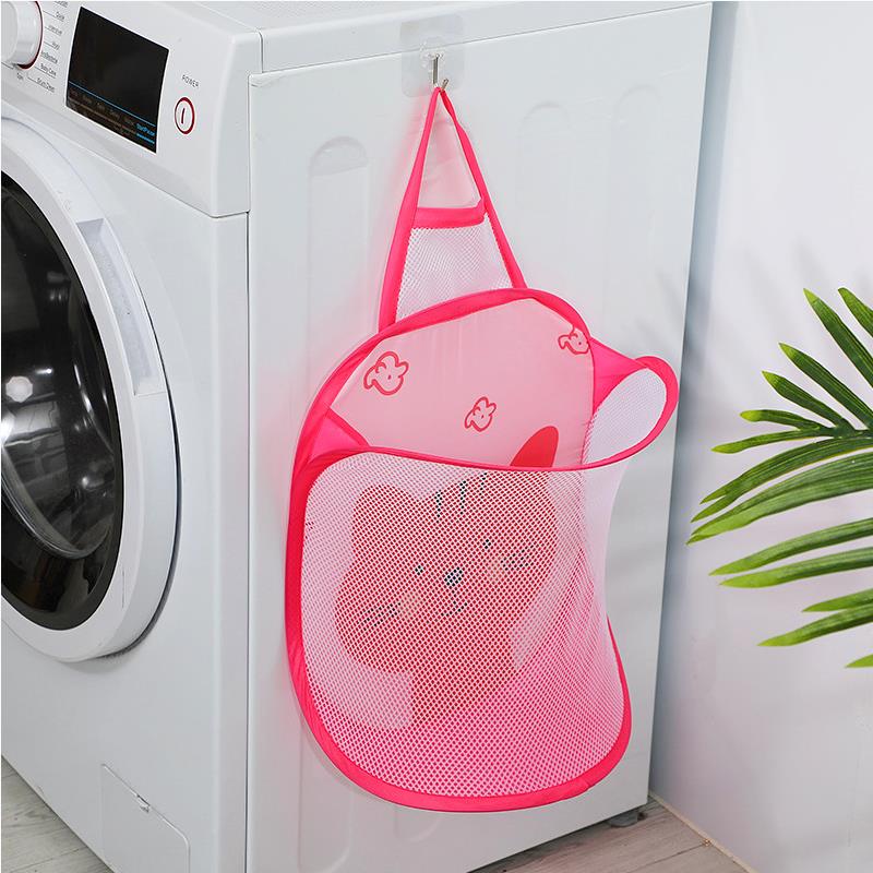 Wall Hanging Mesh Laundry Basket Large Capacity Dirty Clothes Hamper Foldable Laundry Bag Multifunction Portable Storage Baskets: Pink cat