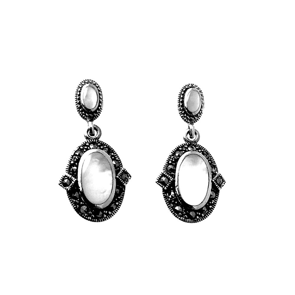 Boucles d'oreilles en argent massif 925m de long 27mm. Perle marquises ovale fermeture pression femmes [AC1361]