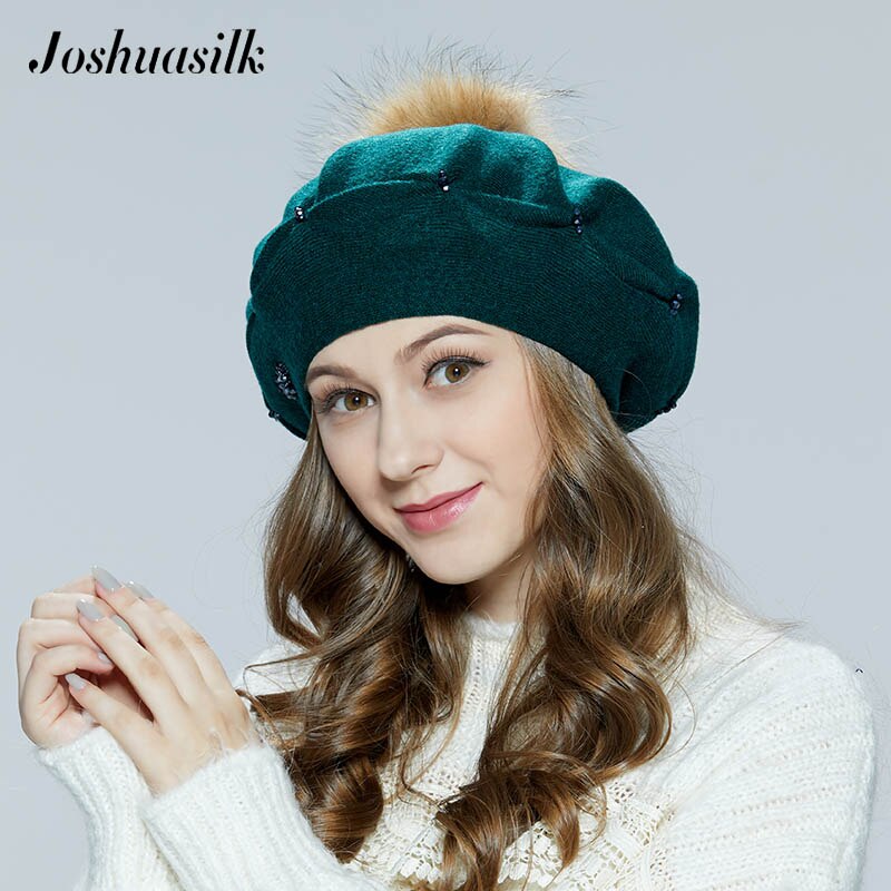 JOSHUASILK-gorro de lana de punto para mujer, boinas con hebilla de pellizco, decoración de POM mapache, sólido, otoño e invierno,
