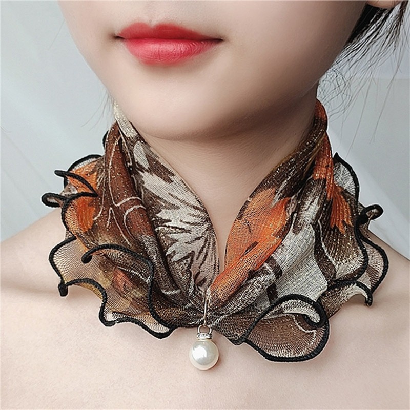 Bufanda de perlas de encaje con orejas de madera, hilo de Color dorado, variedad de cuello de dama, pañuelos de gasa para el cabello, primavera y verano, para el día de la madre: Fucsia