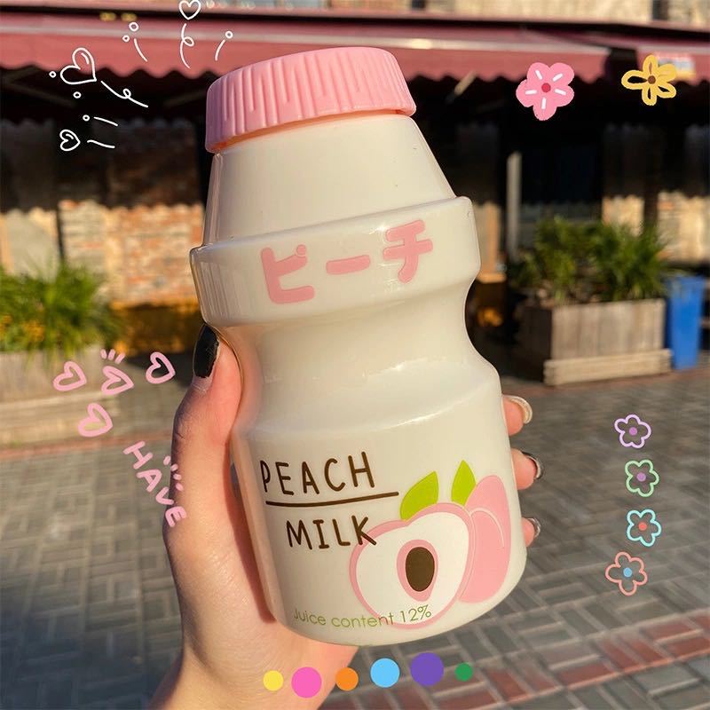 480ml Plastic Water Bottle Tour Drinking Bottle Yakult Shape Cute Kawaii Milk Carton Shaker Bottle for Kids/Girl/Adult BPA Free: Solid color Peach