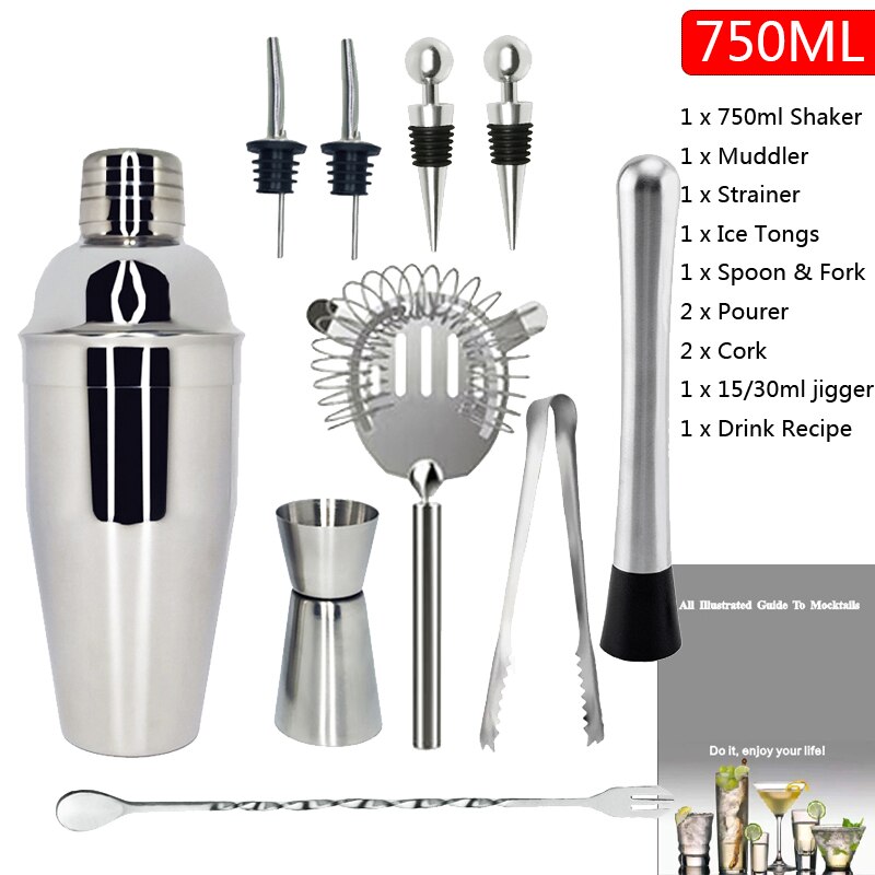 Wine regulator Cocktail Shaker Cup Premium Barware Set Drink Mixer 550/750ml Bar Tool With Wine Rack: 10Pcs 750ml