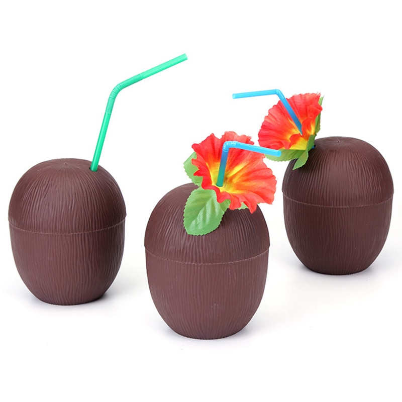 12 pièces/lot ananas noix de coco tasses fruits forme jus fête tasses à boire avec des pailles de fleurs pour hawaïen Luau été plage fête