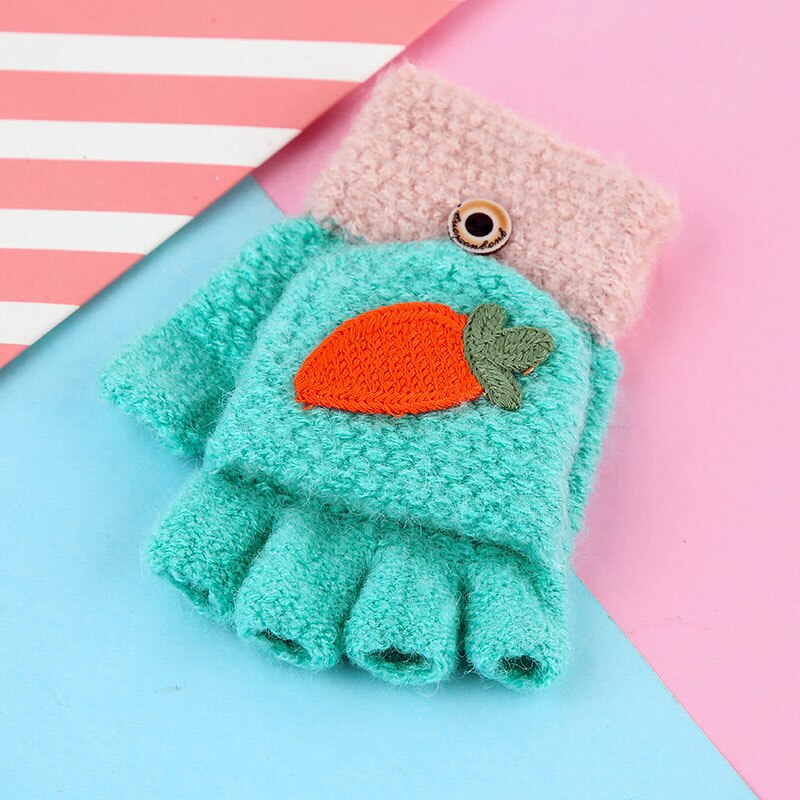 Los niños guantes sin dedos para niña lindo Niño de dibujos animados de invierno cálido bebé de lana guantes niños al aire libre manopla de mitad de dedo: green