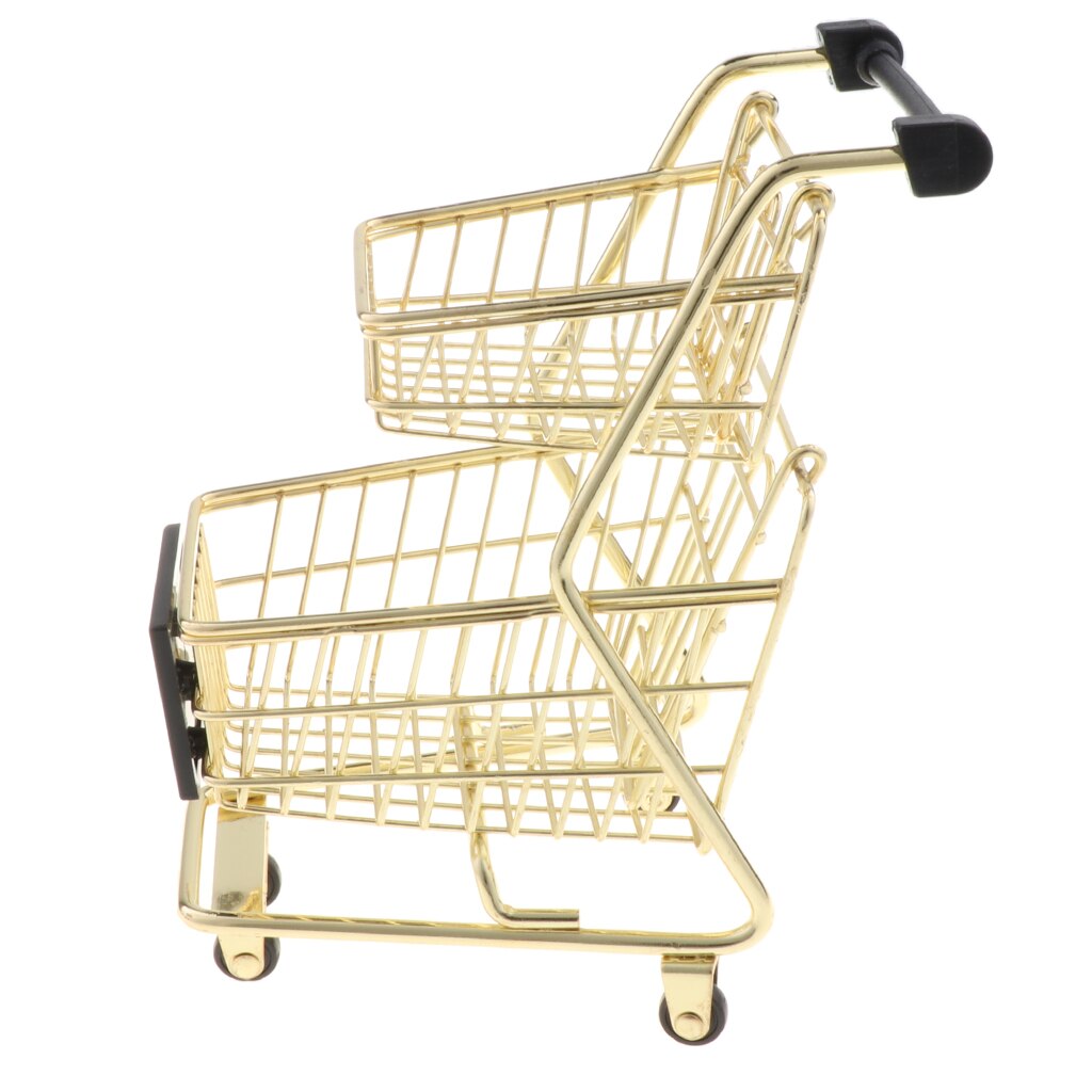 Mini Shopping Cart with Sturdy Metal Frame Pen/Cards Holder Desk Storage Toy: Gold