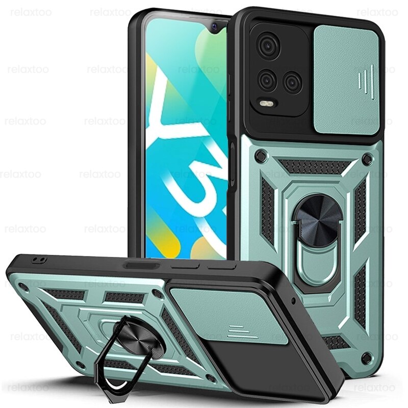 Slide Camera Shockproof Armor Case Voor Vivo Y33S Y 33S V2109 6.58 &quot;Auto Magnetische Ring Holder Stand Cover vivoy33s Beschermen Shell: Green-04