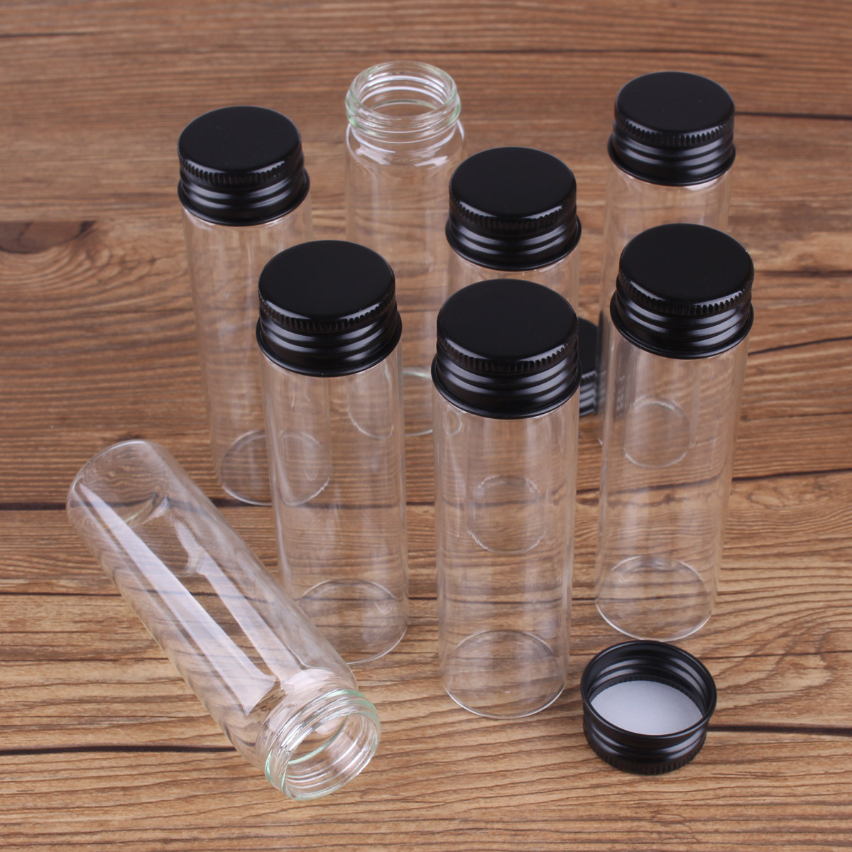 Frascos de vidrio con tapas de aluminio negras, botellas de poción, botellas de vidrio, vasos de vidrio para manualidades, 50ml, 30x100mm, 5 uds.